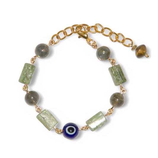 Green Kyanite and Labradorite Evil Eye Bracelet | Jevus Vougler